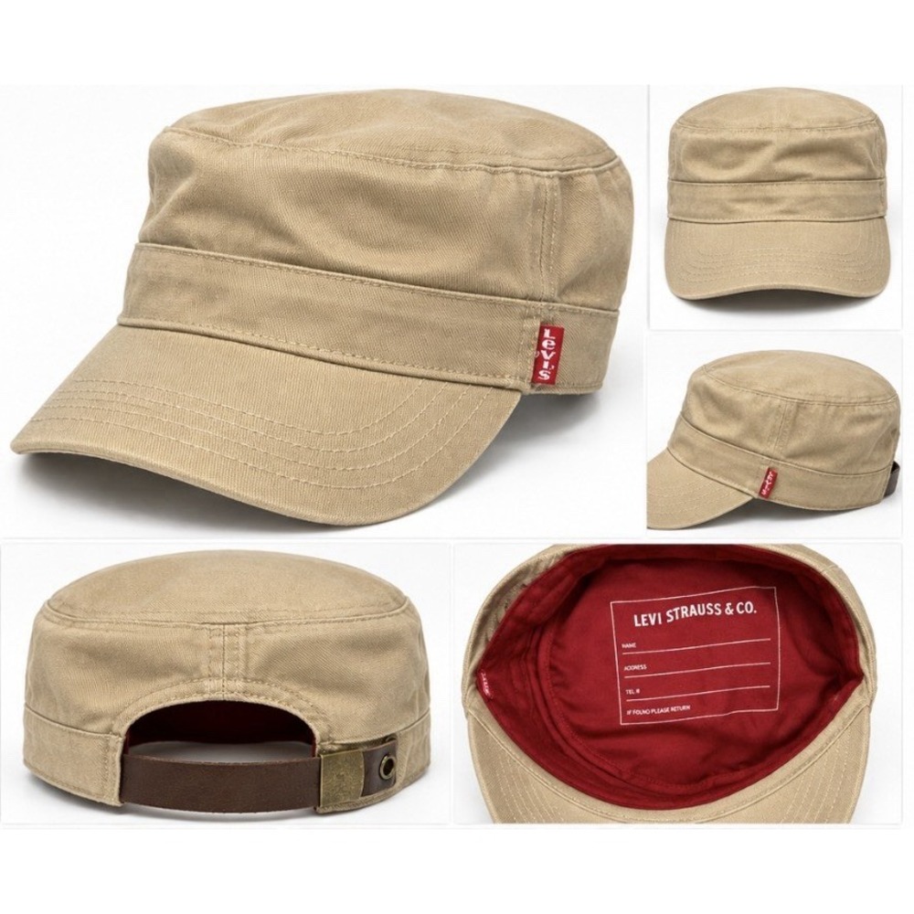 Levi's Cadet Military Hat Khaki Canvas Leather Strapback Lined Cotton Cap NWOT